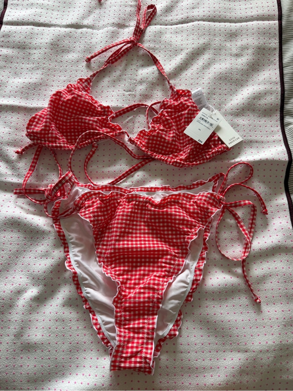 NWT SET - (READ DESCRIPTION) Good American red Gingham Triangle Tie-Side Bikini - Picture 6 of 8